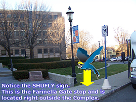 Seton Hall Shuttle virtual tour. Image highlights Farinella gate stop located right outside Neumann hall.