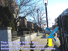 Seton Hall Shuttle virtual tour stop: Ora Manor. Image points out where Seton Hall Shuttle will pick up student.