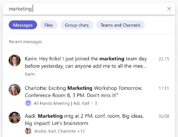 Microsoft Team suggestion box filtered down to suggested messages using the search term Marketing.