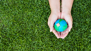 Model of a globe clasped in hands with grass in the background. x320