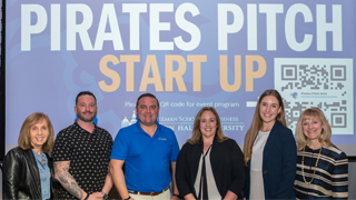 Pirates Pitch winners for 2023 First-place winner Jason Santos took home $8,000 for Pirates ClosetPirates Pitch Startup Contest Judges with Dean Joyce Strawser and CIE Director Susan Scherreik