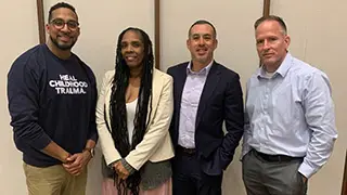 Photo of reimagining public safety expert panel leaders Juan Rios, DSW, Denisah Williamson, Steven Campos, and Thomas Shea, D.Sc.