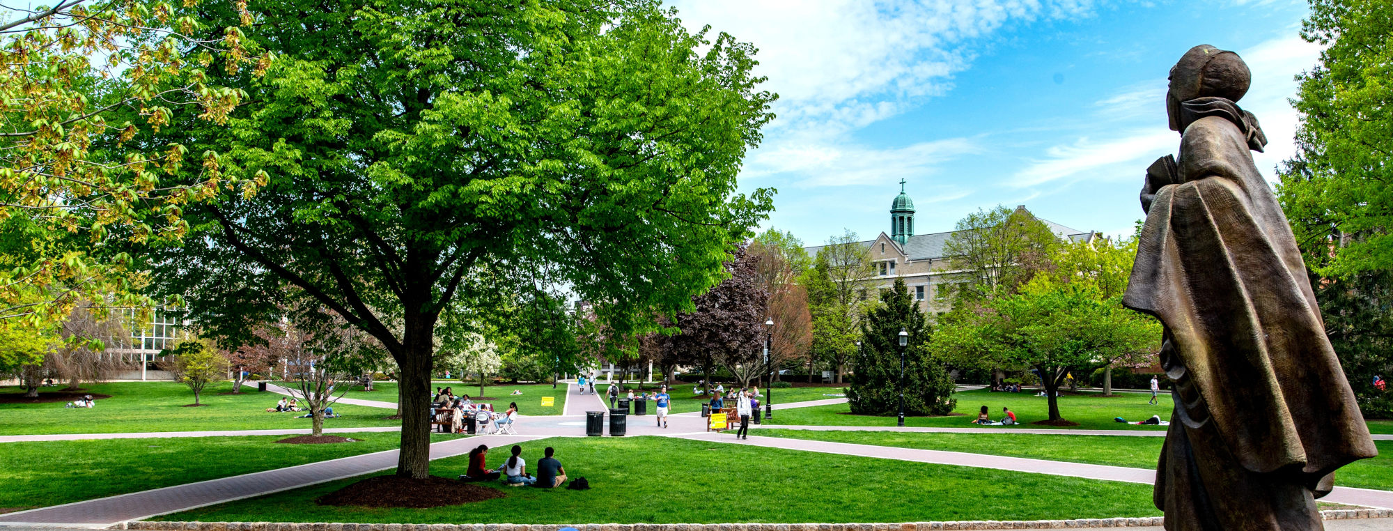 Mother Seton statue in front of Jubilee Hall; Seton Hall University Green