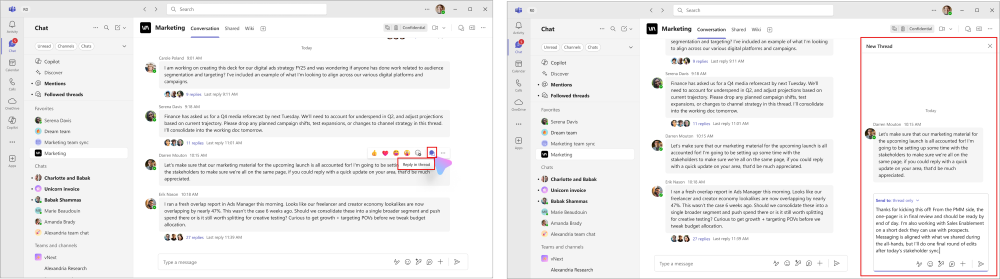 Microsoft teams channel interface displaying the new threaded conversation layout