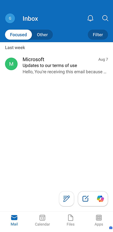 Screenshot of Outlook for Android inbox showing Microsoft terms of use email, with Mail and Calendar icons.