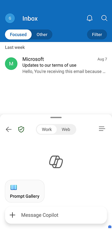 Screenshot of Outlook for iOS inbox with Copilot overlay offering Work, Web, Prompt Gallery and Message Copilot.