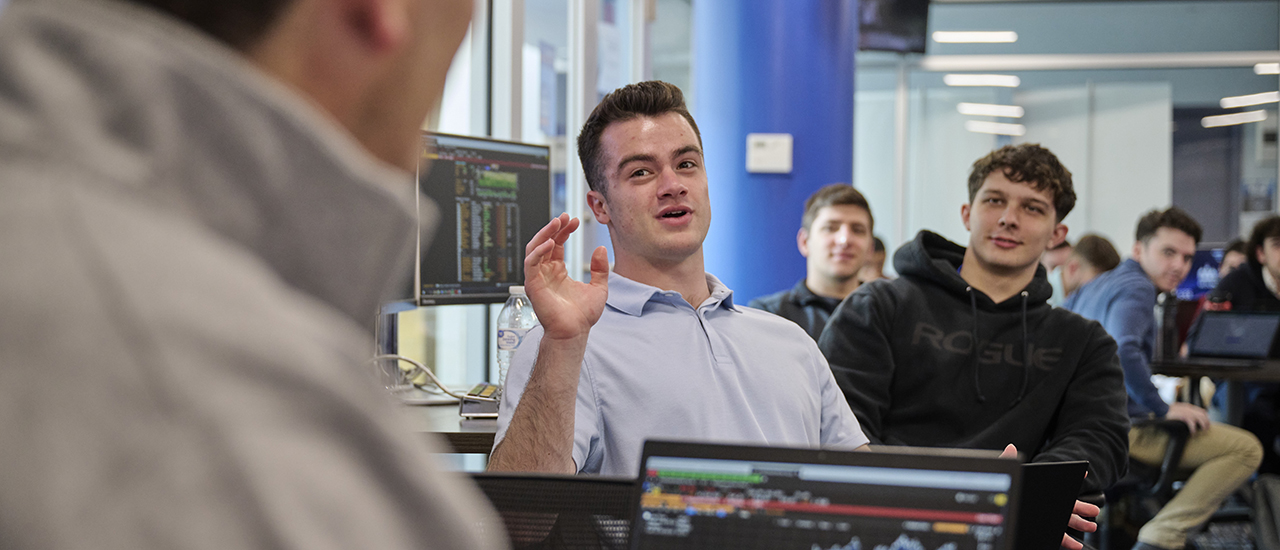 Students in the trading room at Seton Hall.