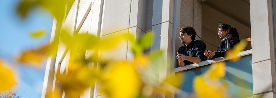 Students in Walsh Library portico