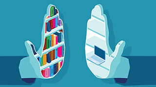 A graphic of two hands staged for a high 5, one decorated with books and the other with a laptop.