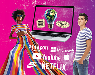 Advertising graphic with two people, a laptop and logos for Amazon, Youtube, Microsoft, Apple, Nike and Netflix.