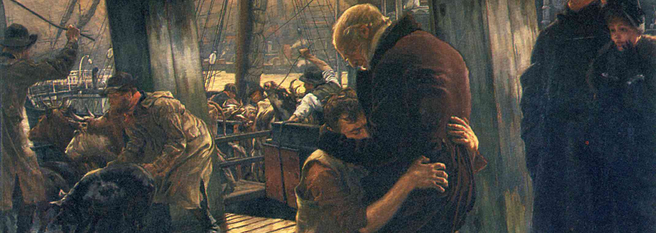 Image of a sailor embracing a stranger on a ship. 