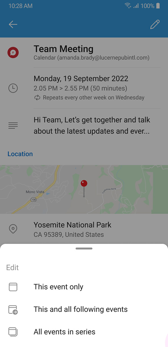 Screenshot of recurring events on outlook