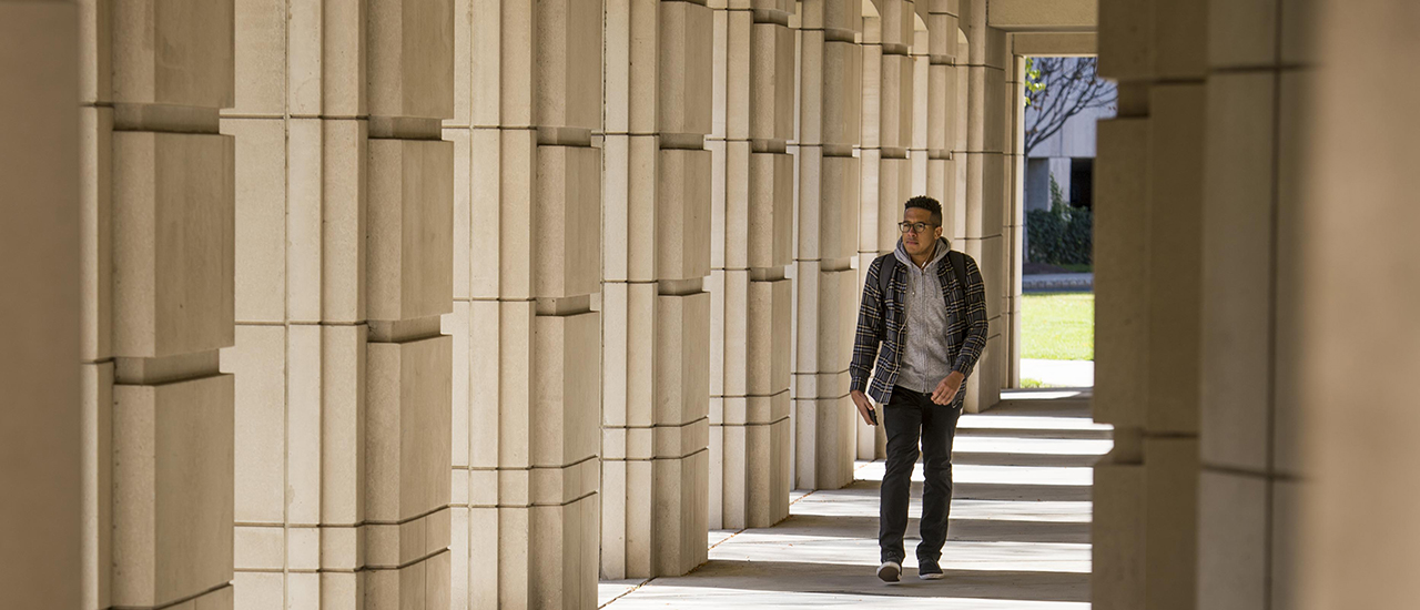 A student walking thru the columns of the Walsh Library