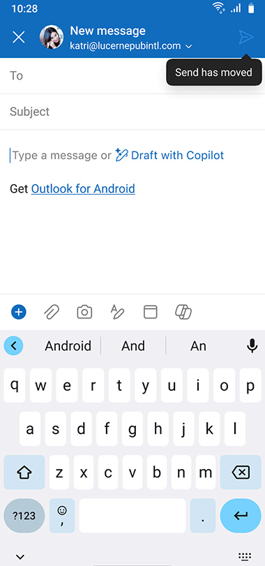 Outlook for Android new email with Copilot draft option and tooltip "Send has moved."