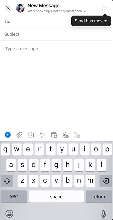 Screenshot of Outlook for iOS new email with Copilot option and tooltip "Send has moved."
