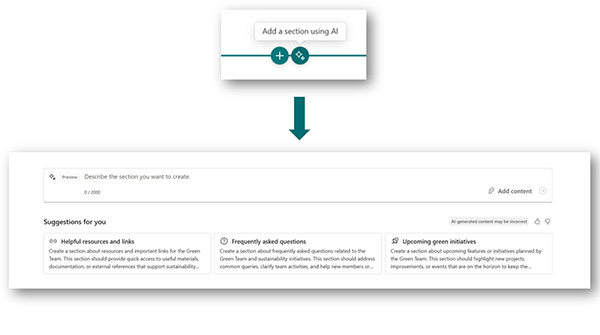Screenshot of SharePoint AI adds new section with suggestions like FAQs, resources and initiatives.
