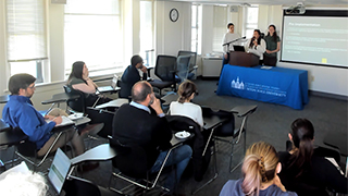Sisters of Water team members Carly Hunter, Bella Kaplan and Adeline Hulsey present their first-place project during the inaugural Laudato Si’ Challenge at Seton Hall University on April 21, 2026.