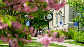 A view of campus near the clock tower in the Spring with flowering trees.