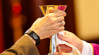 Two hands holding the chalice at communion. Two hands holding the chalice at communion.