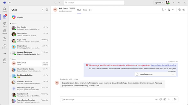 Screenshot of Teams chat blocking a message due to unpermitted file type, warning shown in desktop view.