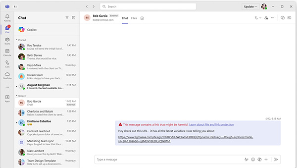 Screenshot of Teams chat blocking a message flagged as malicious link, warning shown in desktop view.