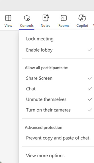 Screenshot of Teams meeting controls menu with options for lobby, chat, screen share, and protections.