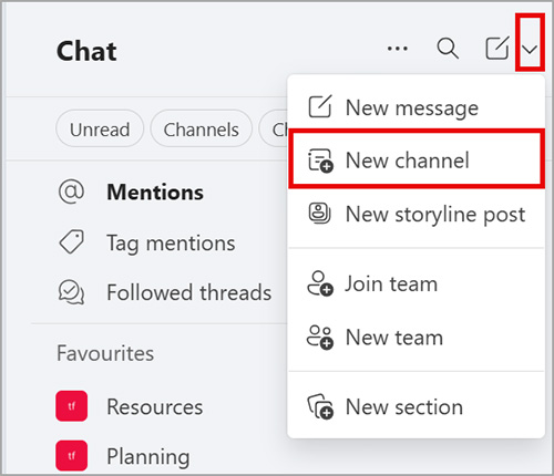Screenshot of Teams create new channel